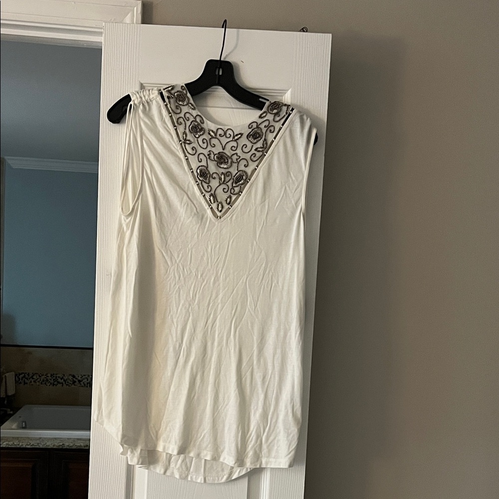 Haute Hippie White Tank Top with Black Embroidery